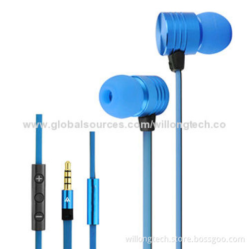 Blue 3.5mm Plug In-ear Stereo Flat Metal Earphones for iPhone, iPod, iPad, Samsung, CE/RoHS Mark